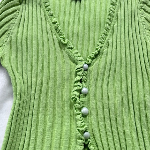Princess Polly Green Ribbed Ruffled Blouse - Picture 2 of 4